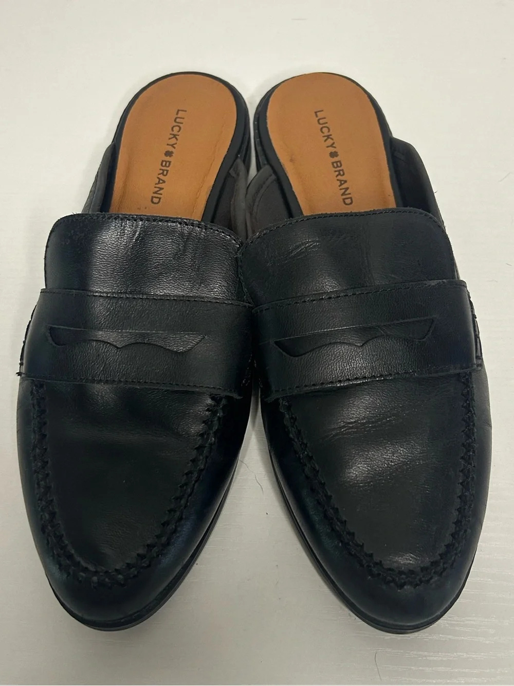 Lucky Brand black leather slip on penny loafer mule 9